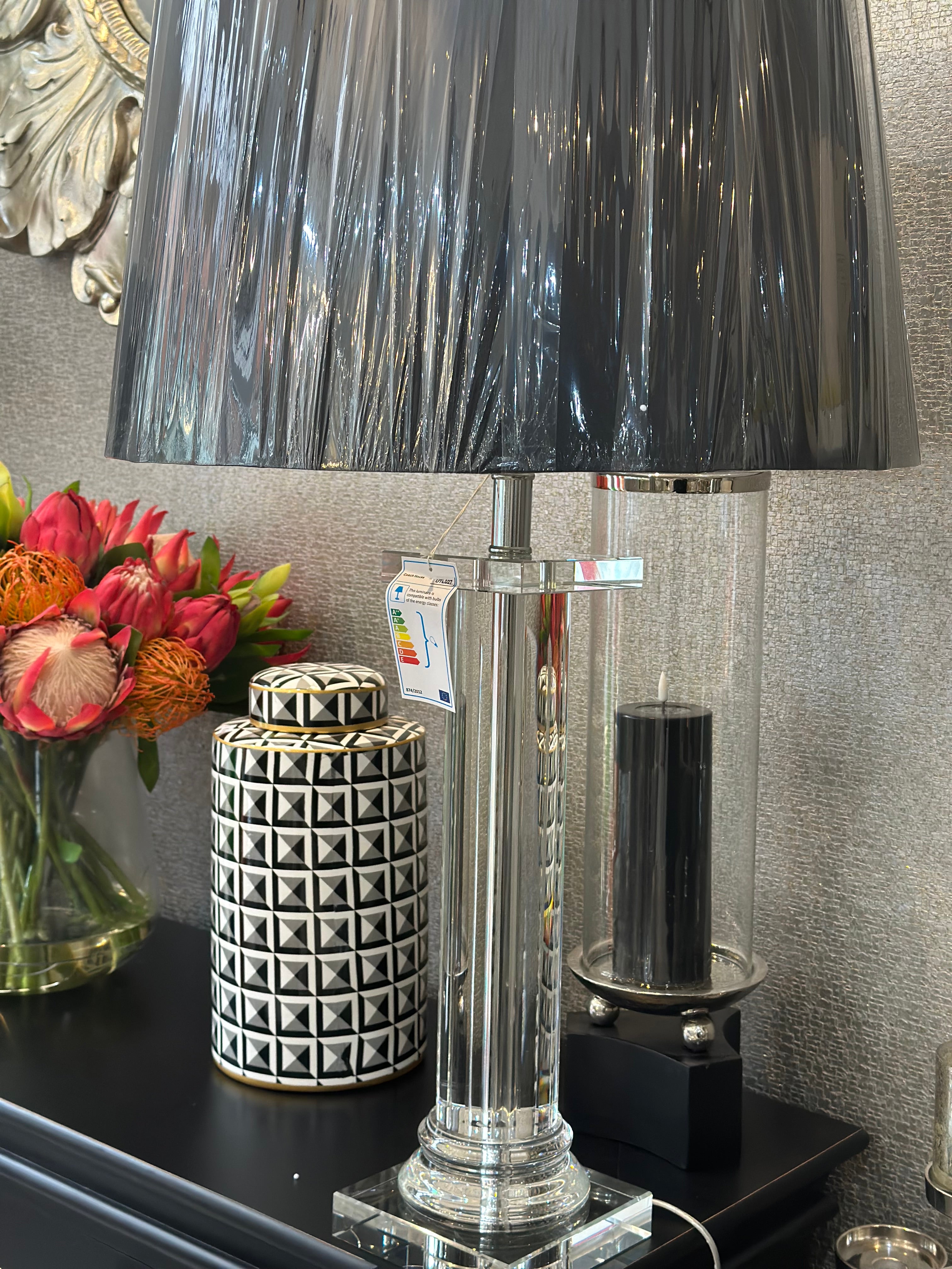 Glass Column Lamp with Black Shade