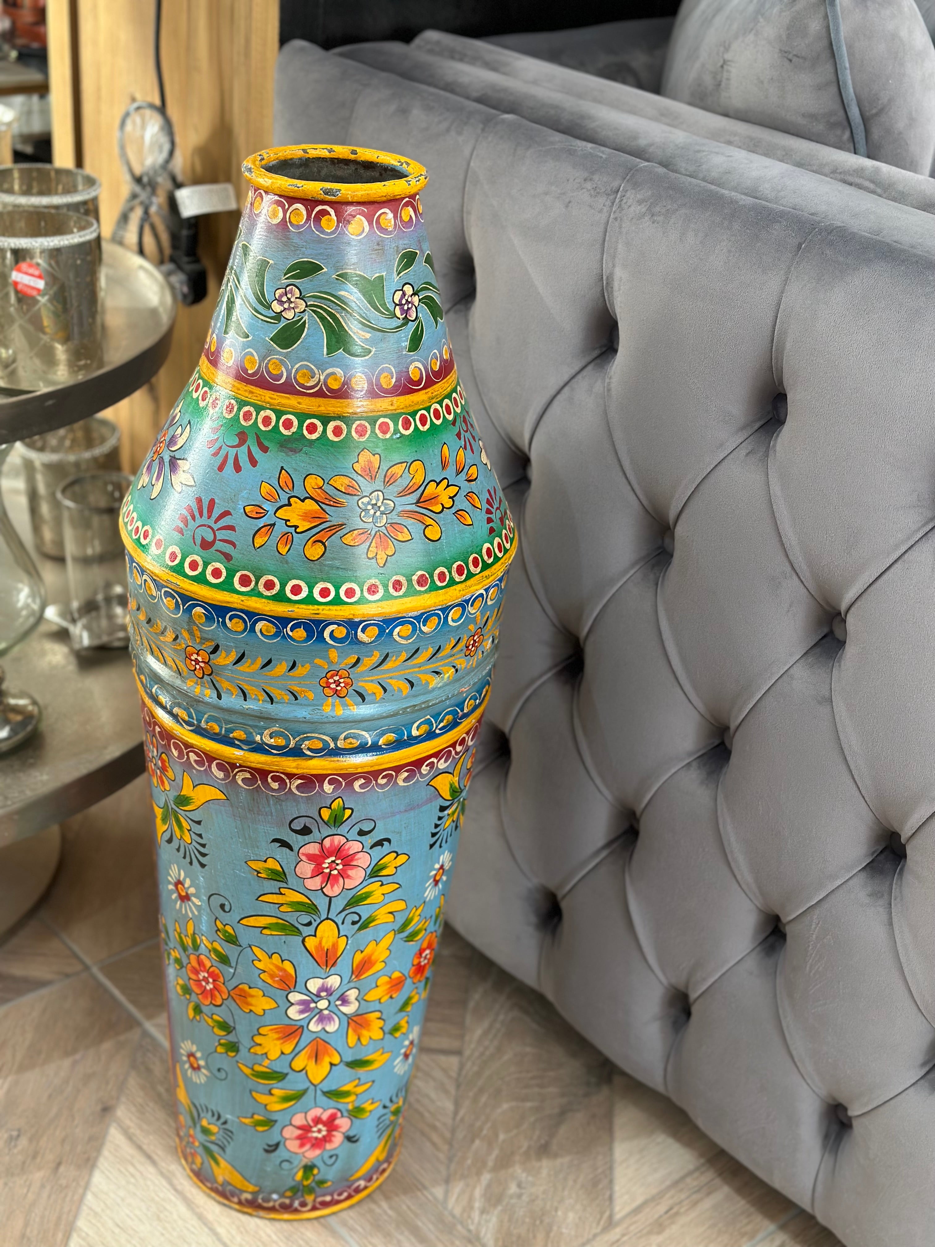 Tall Blue/Yellow Handpainted Matka Vase