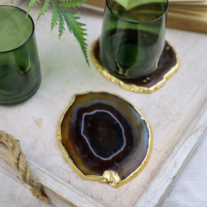 Culinary Concepts Pair of Brown Agate Coasters with Electroplated Gold Edge