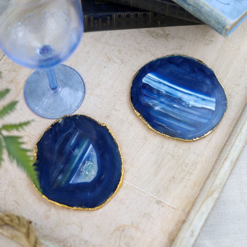 Culinary Concepts Pair of Blue Agate Coasters with Electroplated Gold Edge