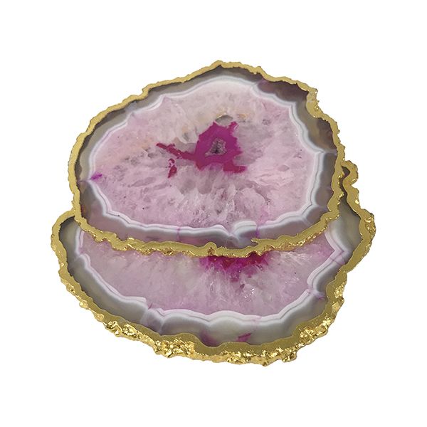 Culinary Concepts Pair of Pink Agate Coasters with Electroplated Gold Edge