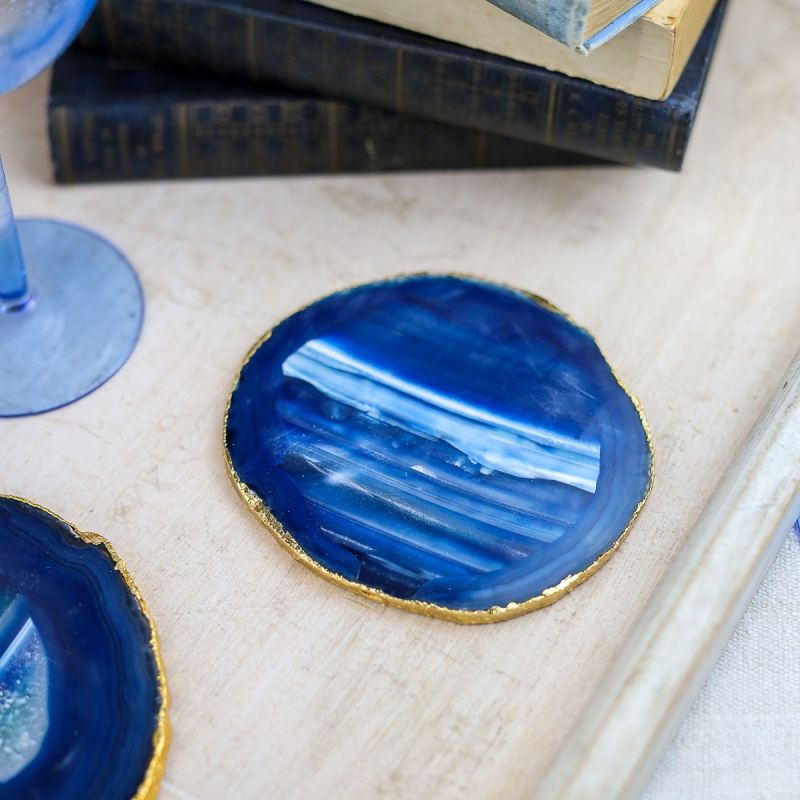 Culinary Concepts Pair of Blue Agate Coasters with Electroplated Gold Edge