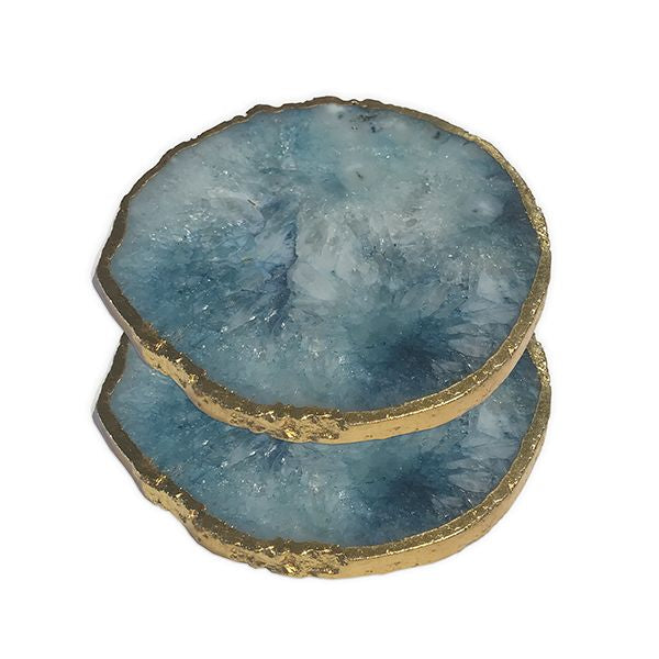 Culinary Concepts Pair of Blue Agate Coasters with Electroplated Gold Edge