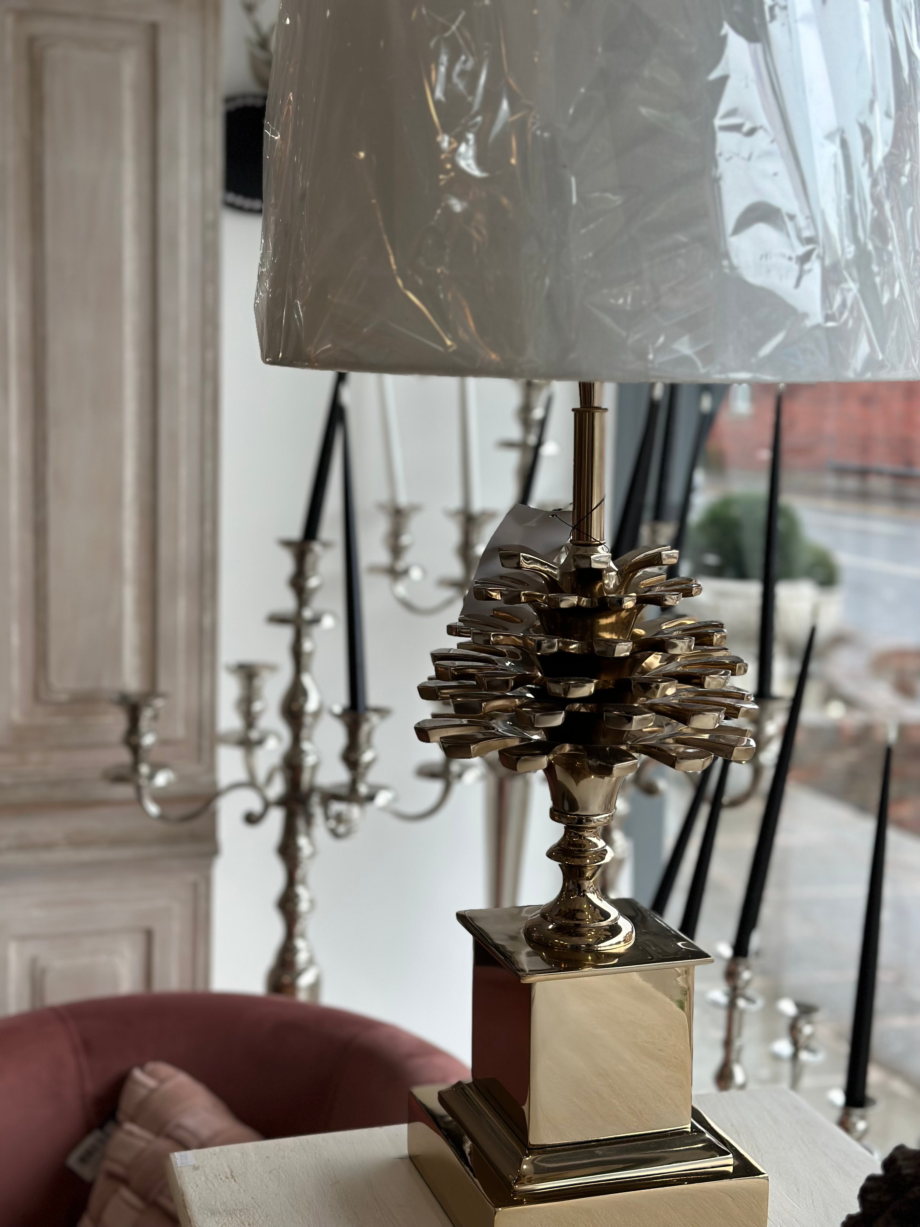 Gold Pinecone Lamp with White Shade