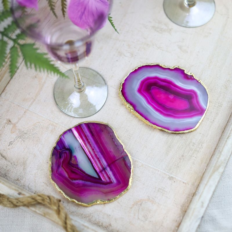 Culinary Concepts Pair of Pink Agate Coasters with Electroplated Gold Edge