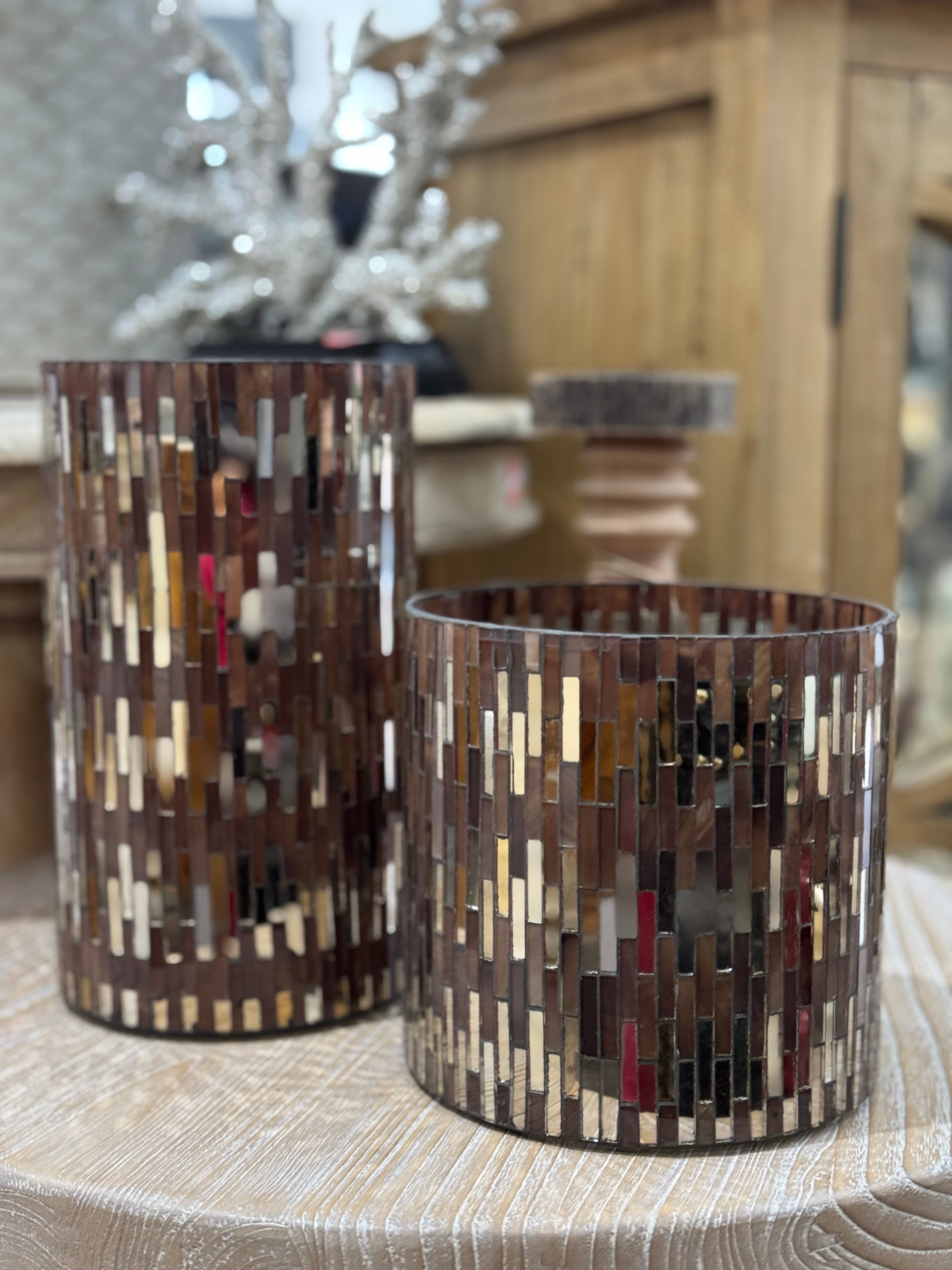 Brown Mosaic Glass Hurricane | Multiple Sizes