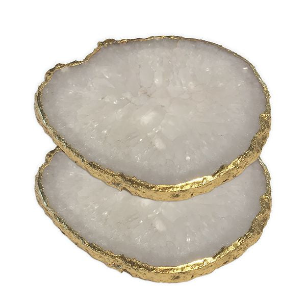 Culinary Concepts Pair of White Agate Coasters with Electroplated Gold Edge