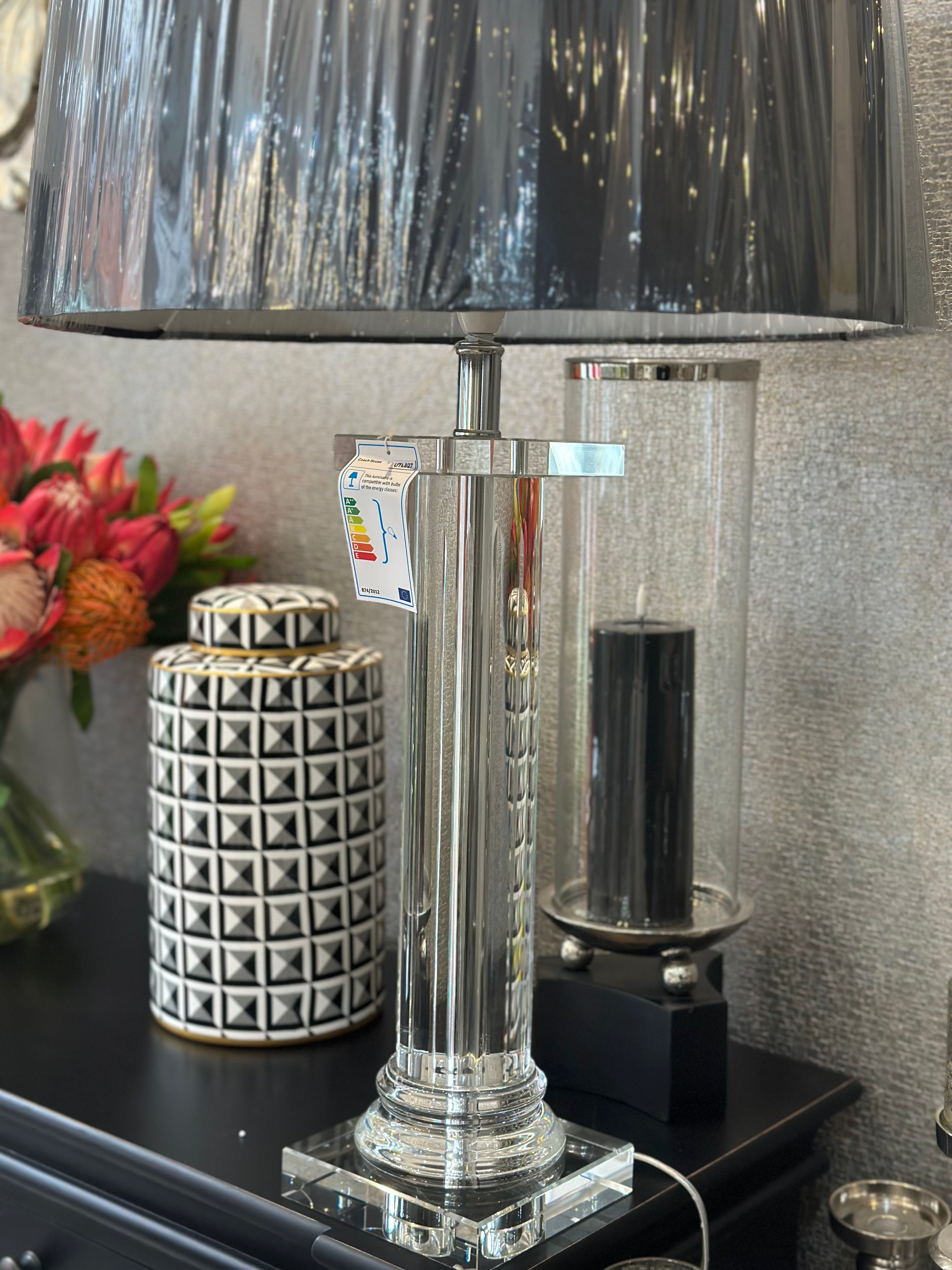 Glass Column Lamp with Black Shade