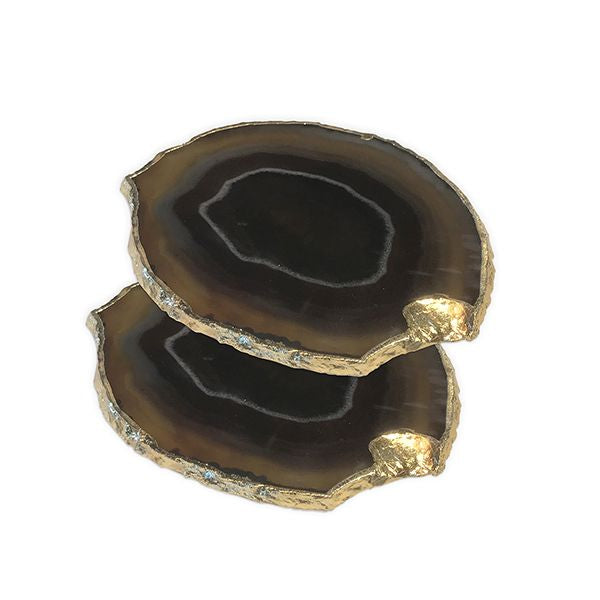 Culinary Concepts Pair of Brown Agate Coasters with Electroplated Gold Edge