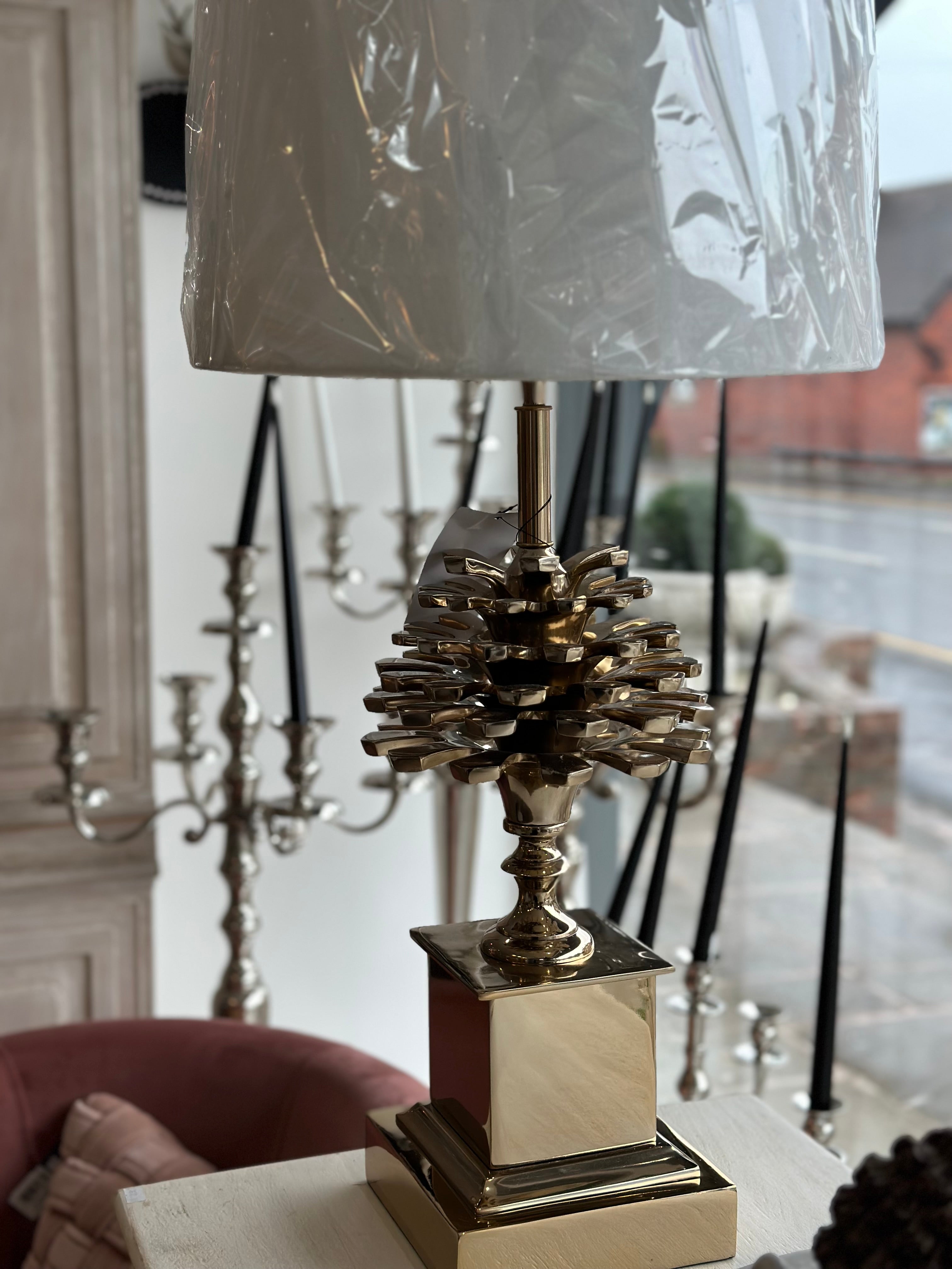 Gold Pinecone Lamp with White Shade