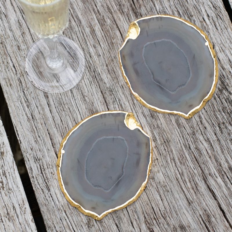 Culinary Concepts Pair of Brown Agate Coasters with Electroplated Gold Edge