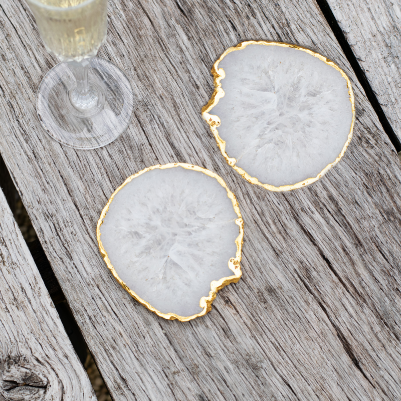 Culinary Concepts Pair of White Agate Coasters with Electroplated Gold Edge