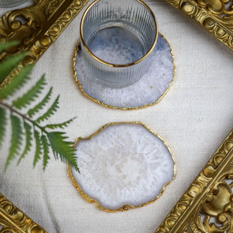 Culinary Concepts Pair of White Agate Coasters with Electroplated Gold Edge