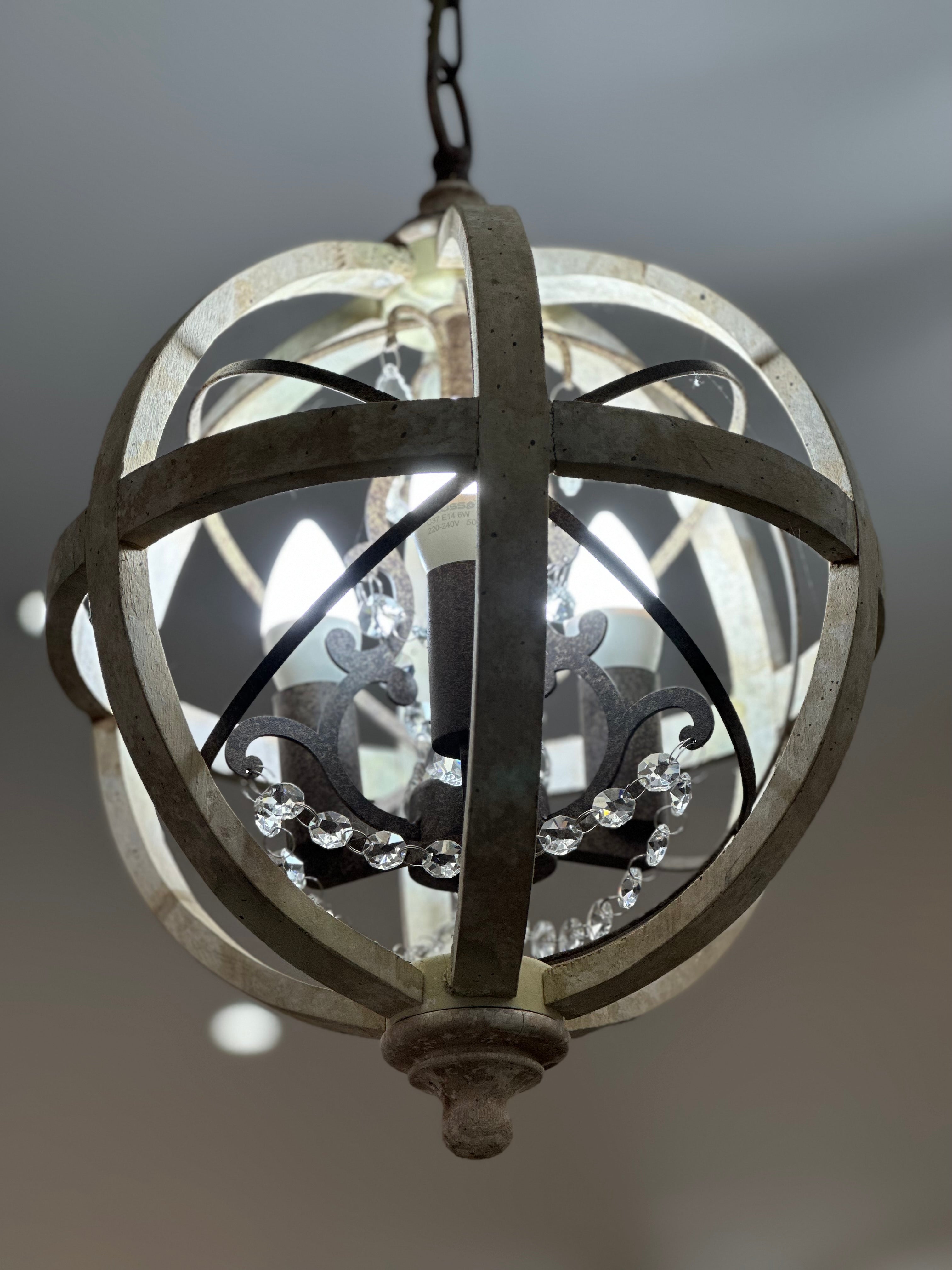 Small Wooden Globe with Crystals Chandelier