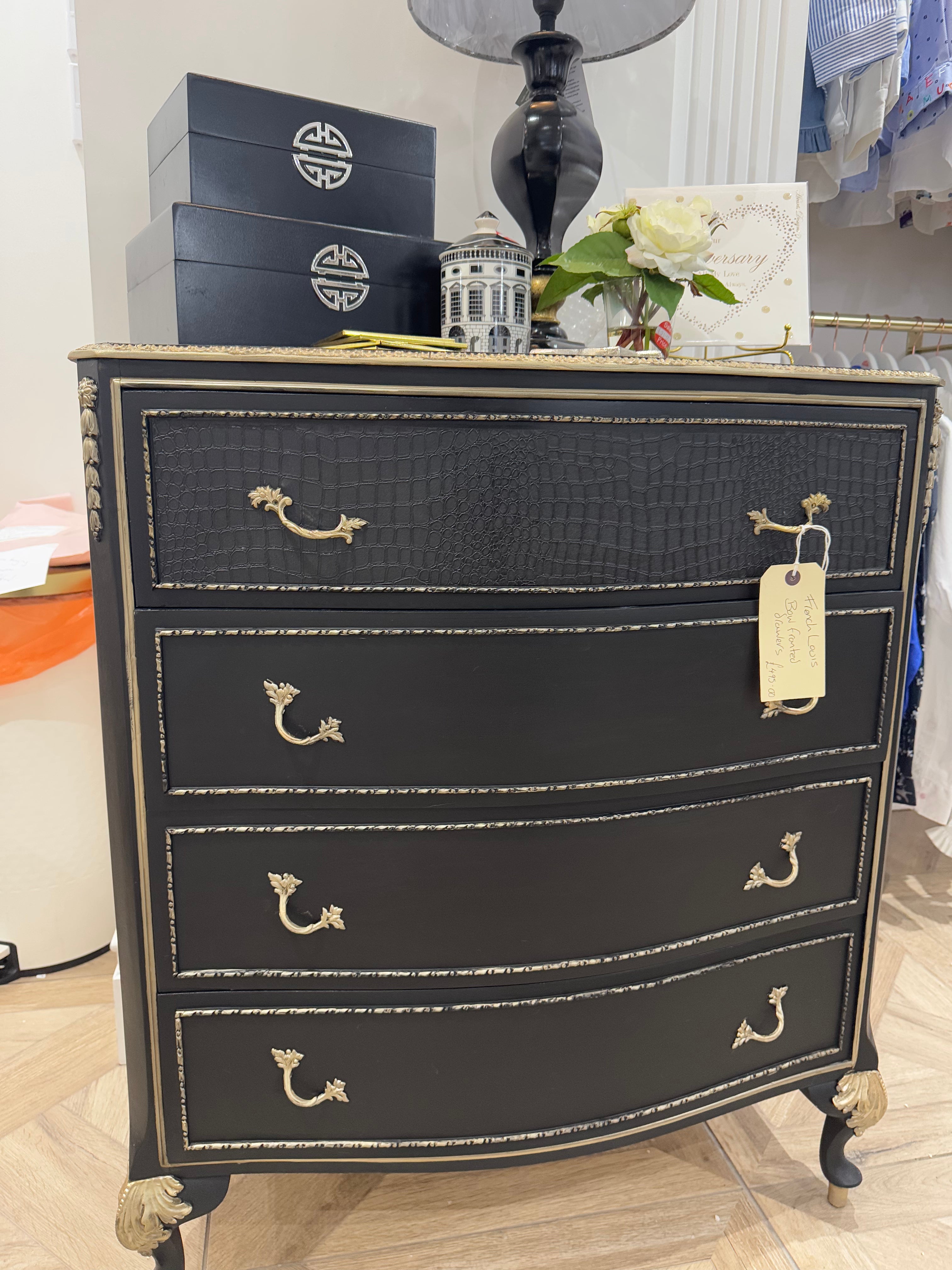 Black & Gold French Louis Bow Fronted Drawers