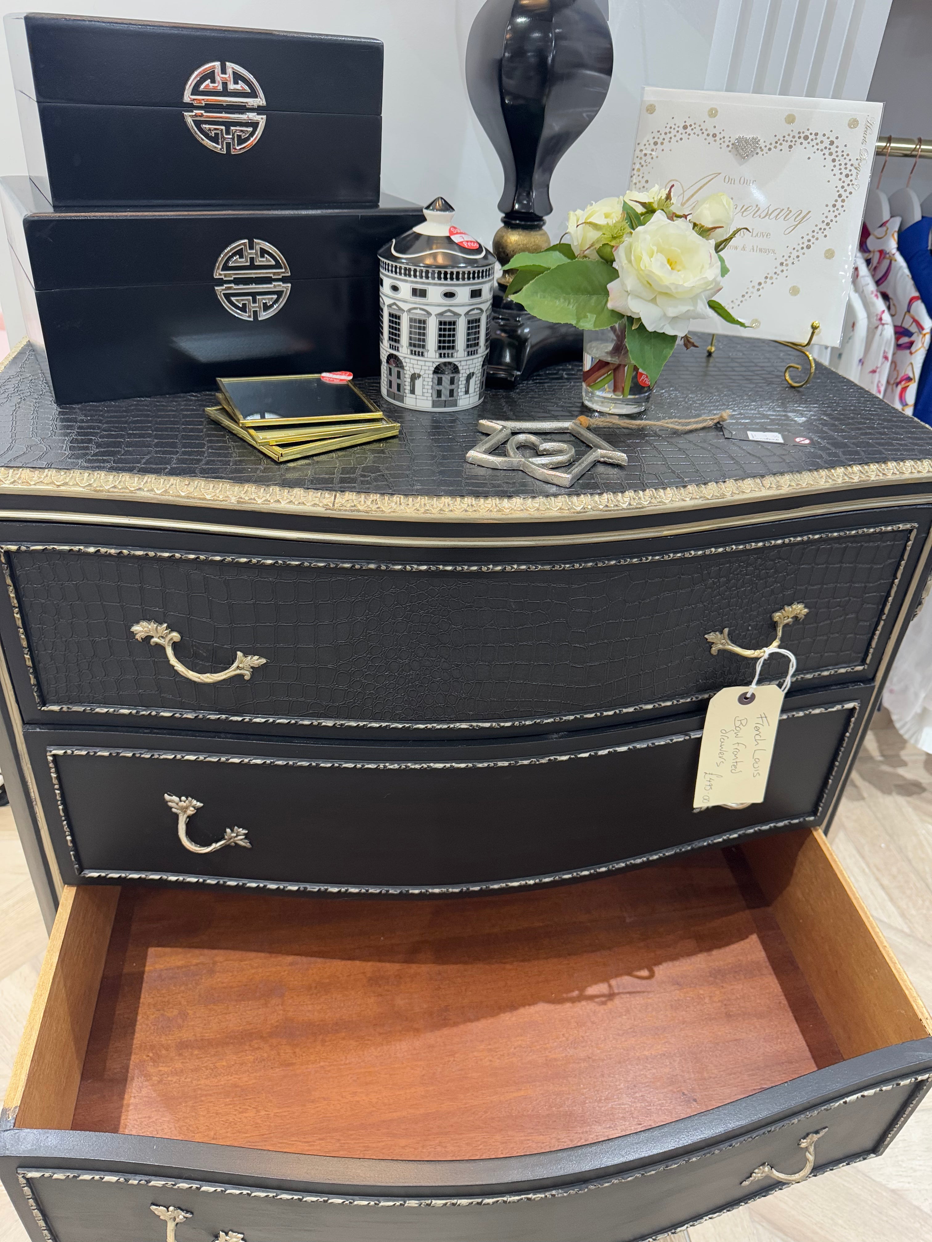 Black & Gold French Louis Bow Fronted Drawers