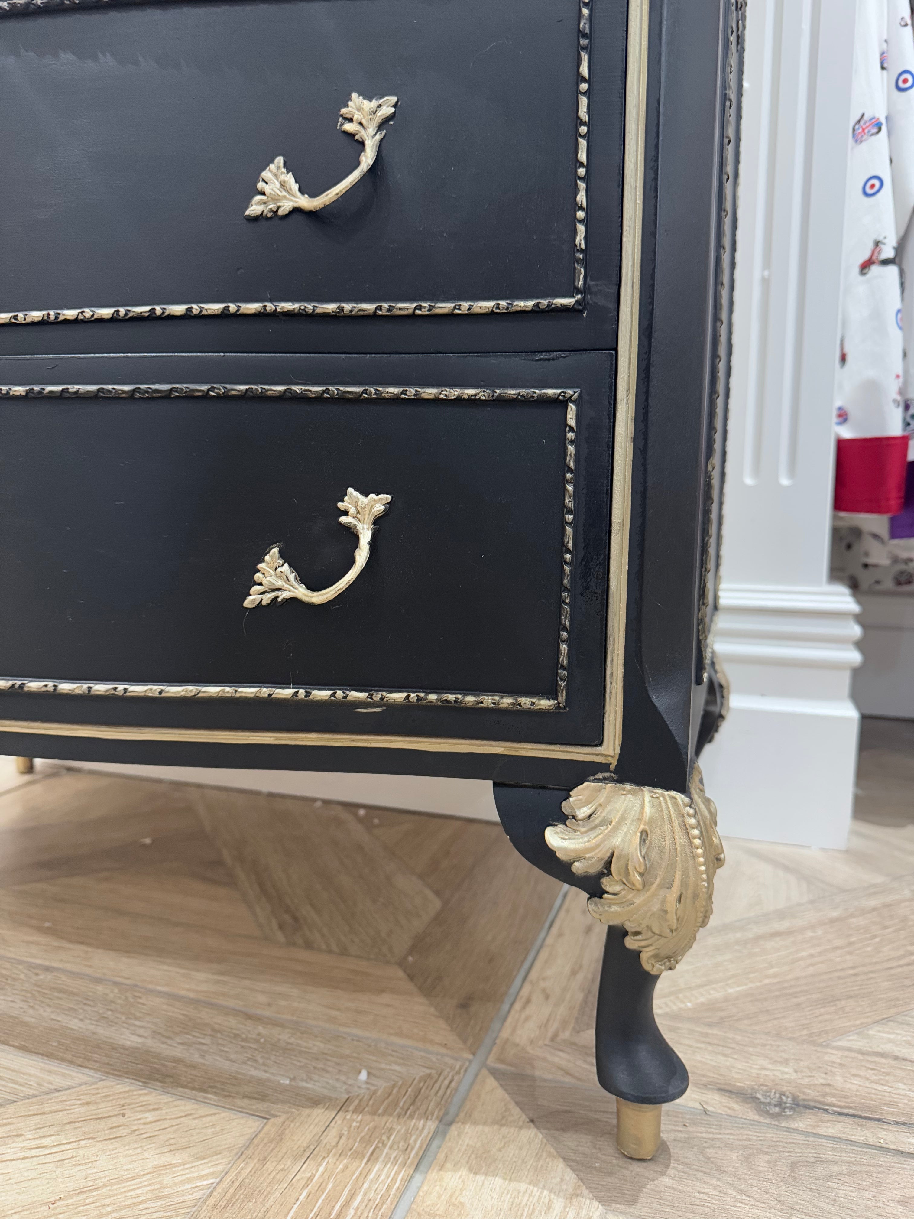 Black & Gold French Louis Bow Fronted Drawers