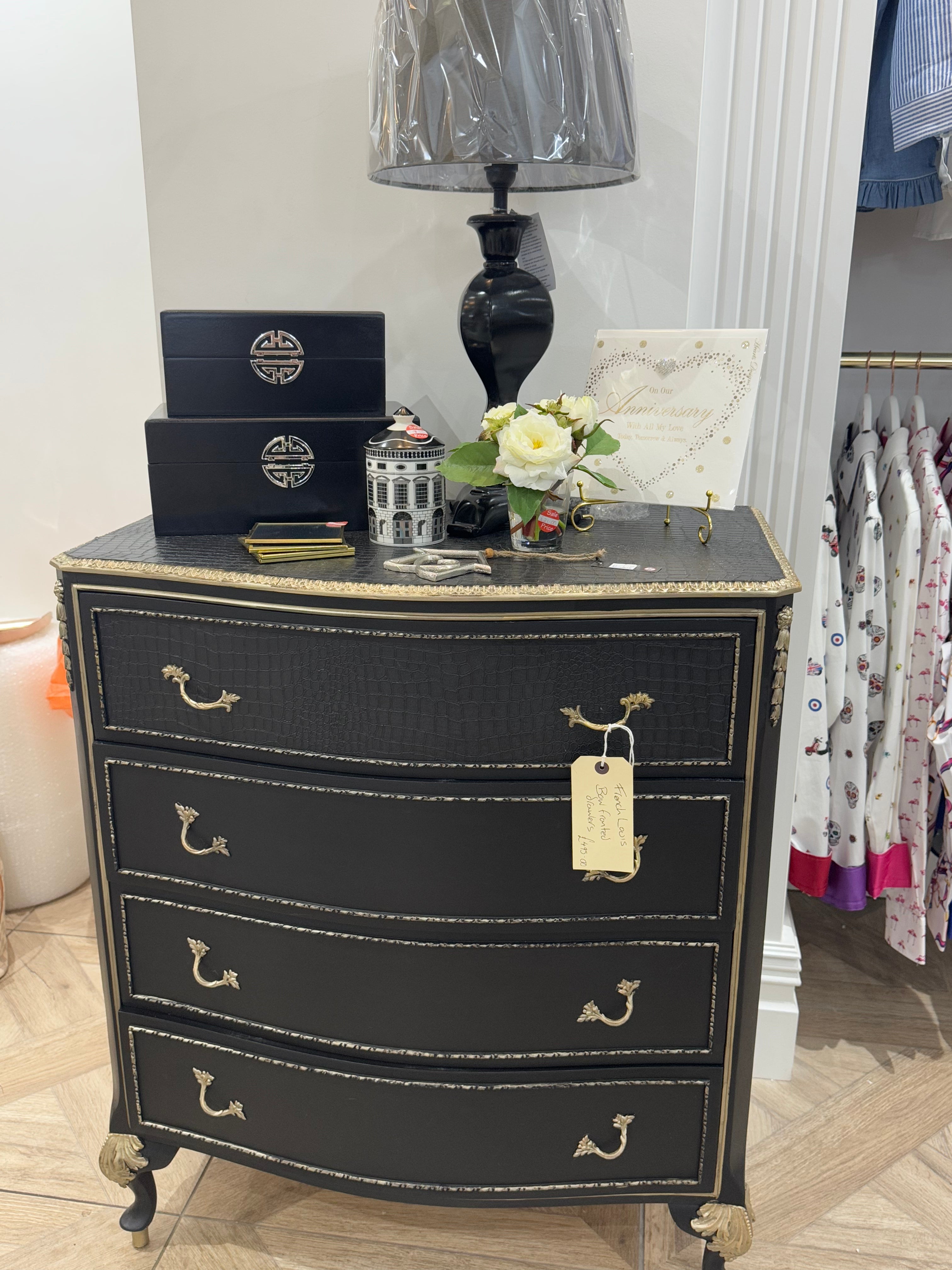 Black & Gold French Louis Bow Fronted Drawers