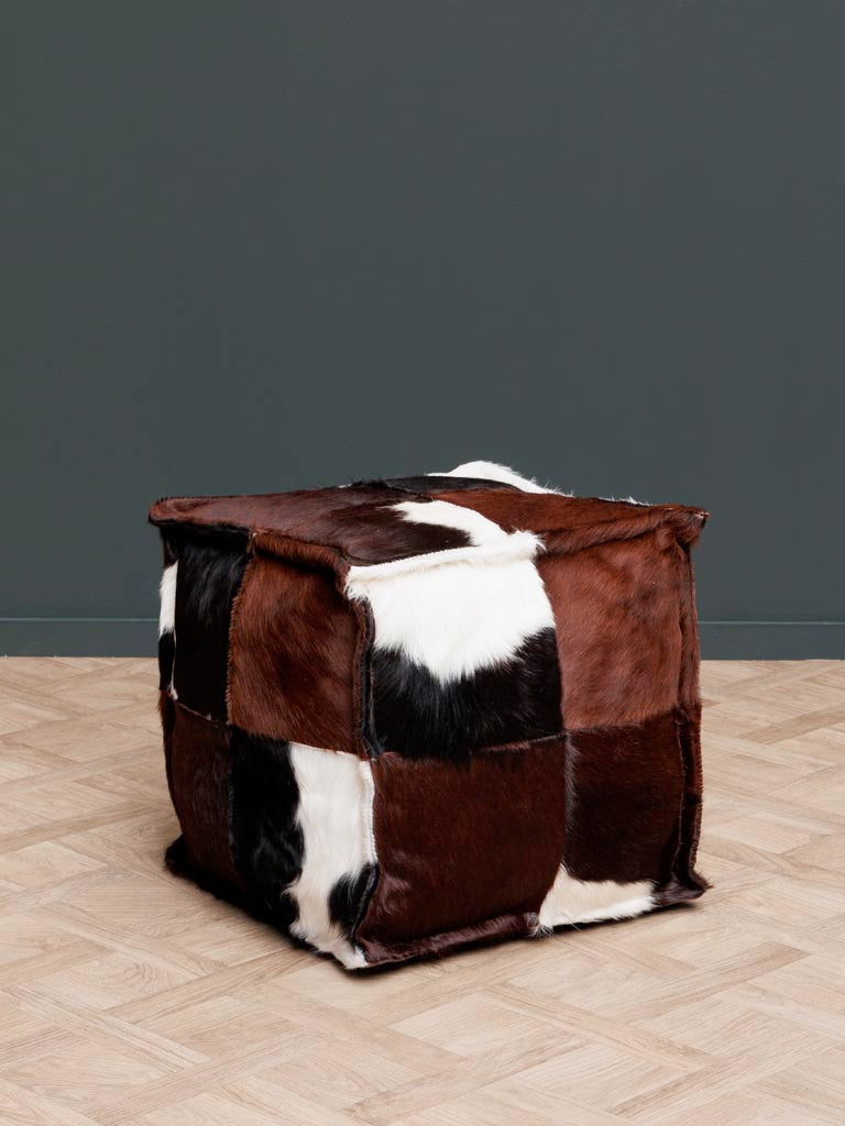 Brown Square Cowhide Footstool