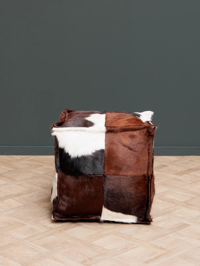 Brown Square Cowhide Footstool